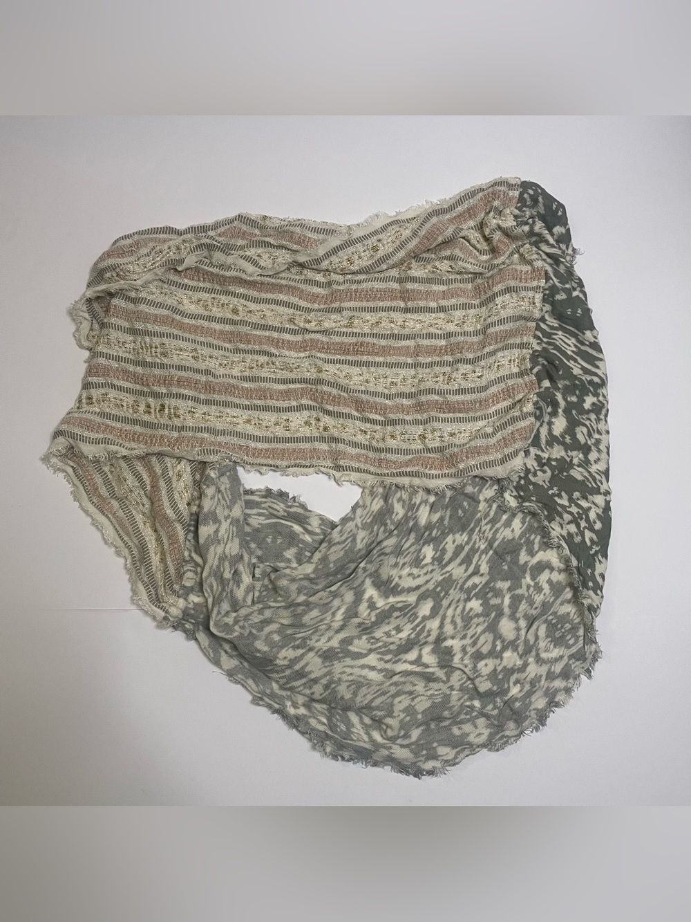 Boho Themed Sage and Tan Infinity Scarf with Fringe